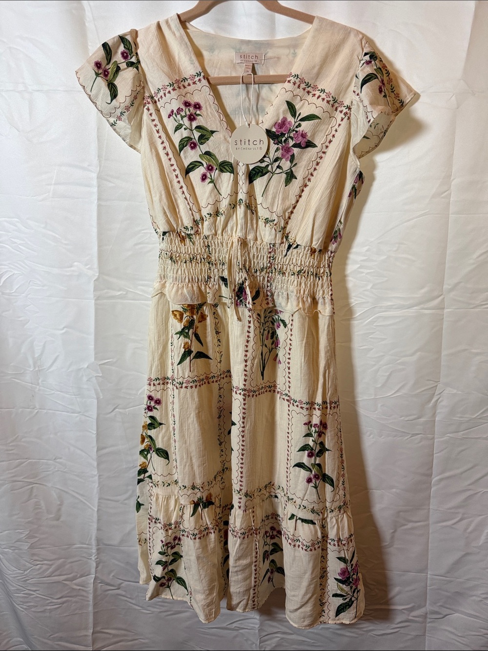 Stitch Studio Cream Floral Midi Dress with Smocked Waist